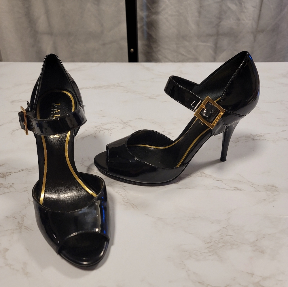 Lauren Ralph Lauren Bethania Black Patent Leather Open Toe Ankle Strap Heels